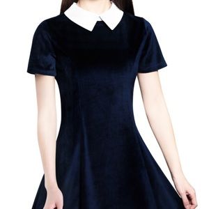 Dark navy blue dress with white collar. Falls above knee. Zipper in back.